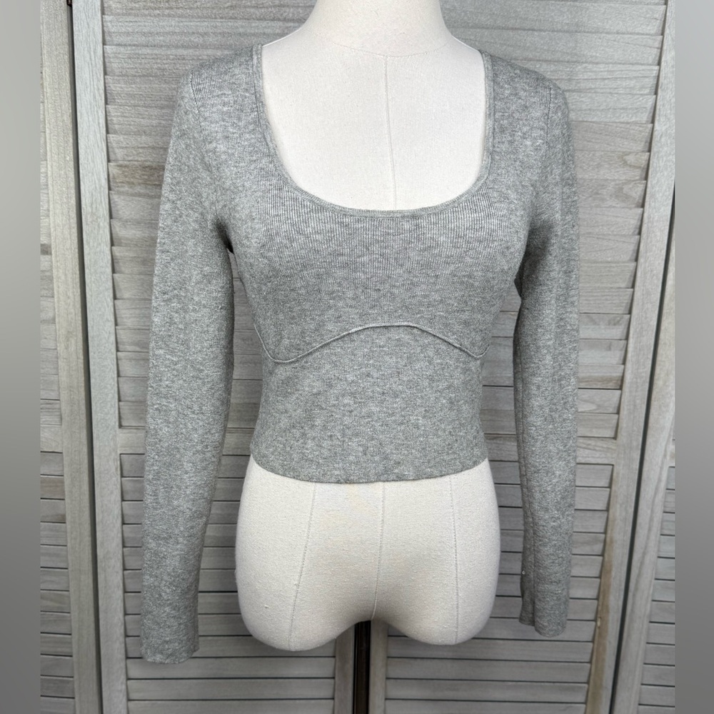 L.A. HEARTS Stretchy Cropped Long Sleeve Scoop Neck Sweater Gray-Small